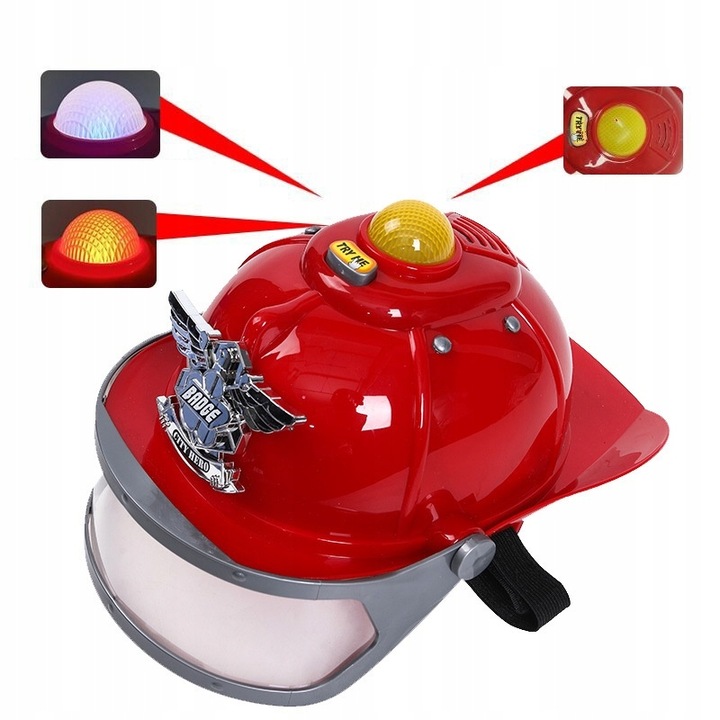 KASK STRAŻACKI Z DŹWIĘKAMI ŚWIATŁEM HEŁM STRAŻAKA DZIECI SYGNAŁ + AUTKO