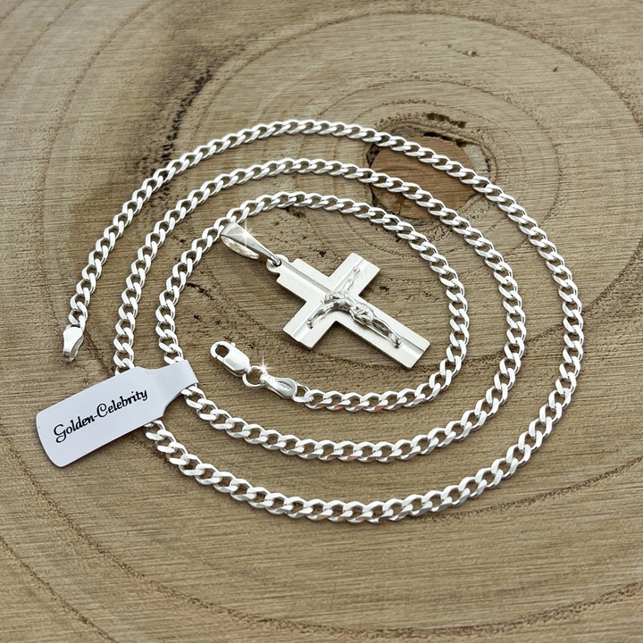 SREBRNY ŁAŃCUSZEK PANCERKA + KRZYŻYK Z JEZUSEM NA KOMUNIĘ CHRZEST + GRAWER