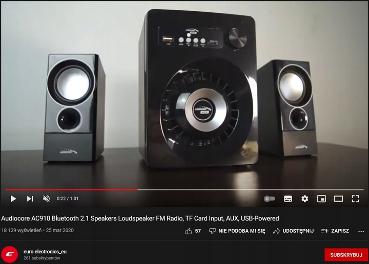 GŁOŚNIKI KOMPUTEROWE 2.1 280W Bluetooth USB SD FM JACK LED Audiocore AC910