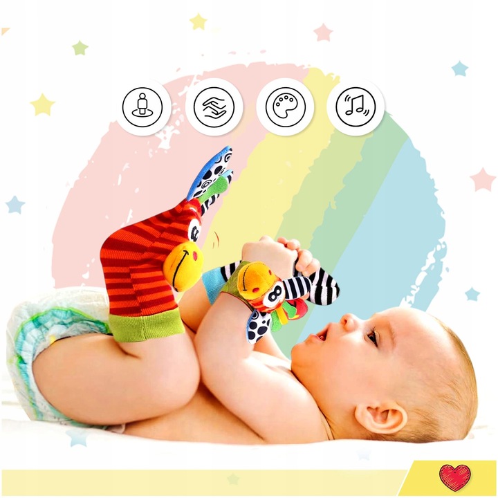 4x SKARPETKI + OPASKI 3D GRZECHOTKI SOZZY ZABAWKA SENSORYCZNA DLA NIEMOWLĄT