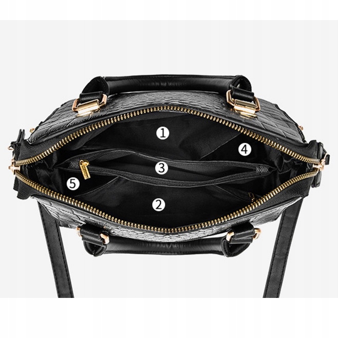 TOREBKA Damska CZARNA EKO Skóra Krokodyla Usztywniana Elegancka Brelok Kot