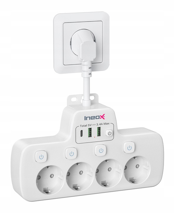 Rozdzielacz Listwa Wielofunkcyjna 4xAC 3xUSB 16A 4000W Ineox LZW-4UW Biały