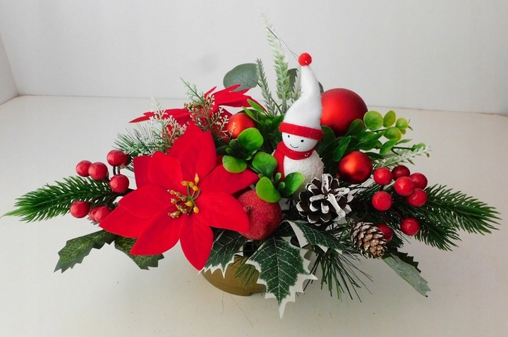 Stroik świąteczny na grób, poinsecja, bałwanek, czerwony
