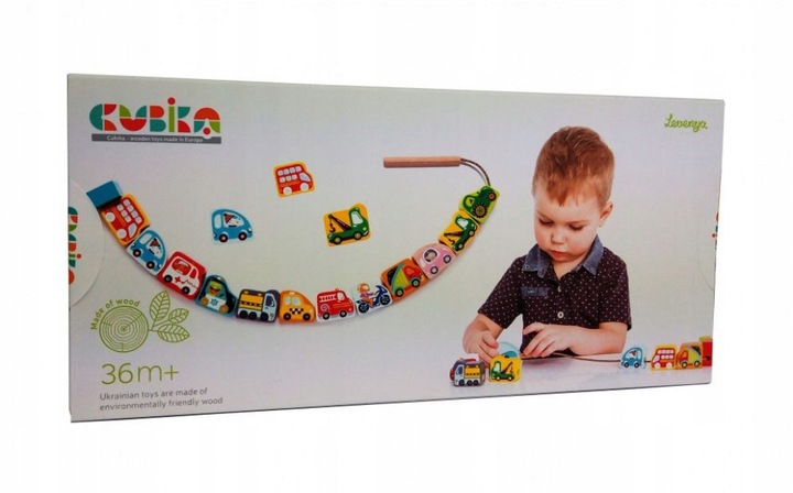 Cubika Drewniane korale klocki do nawlekania Nawlekanka Pojazdy