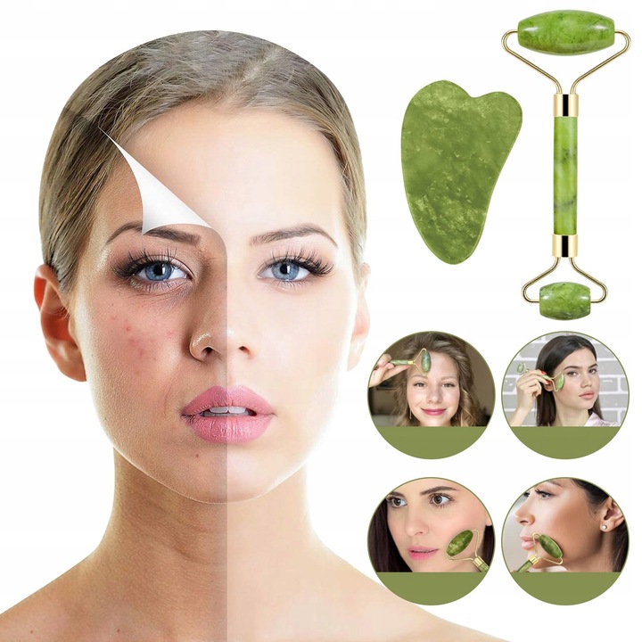 3w1 Masażer do twarzy KAMIEŃ GUA SHA z jadeitu zestaw roller wałek masażu