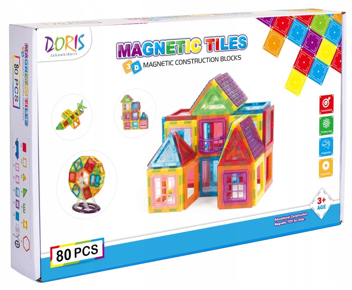 KLOCKI MAGNETYCZNE 3D budynki pojazdy podwozie ZESTAW Magnetic Tiles 80 el.