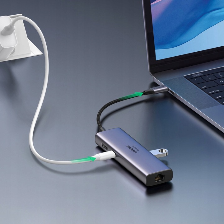 UGREEN ADAPTER HUB USB-C 2x USB HDMI SD USB-C RJ45 1Gbps - PRZEJŚCIÓWKA