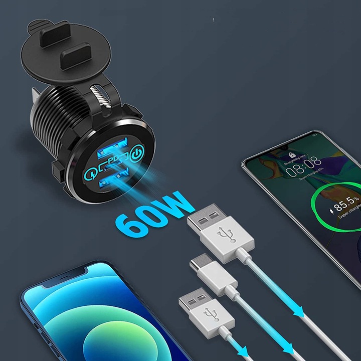 GNIAZDO ŁADOWARKA SAMOCHÓD QC3.0 3xUSB 12V-24V
