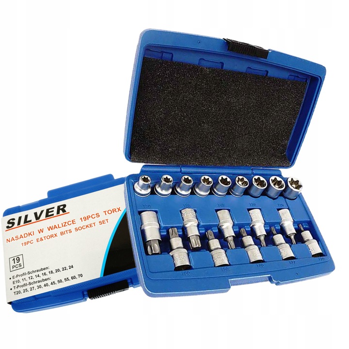 SILVER ZESTAW NASADEK TORX NASADKI KLUCZE NASADOWE E-TORX 1/2 19E SK-019-03