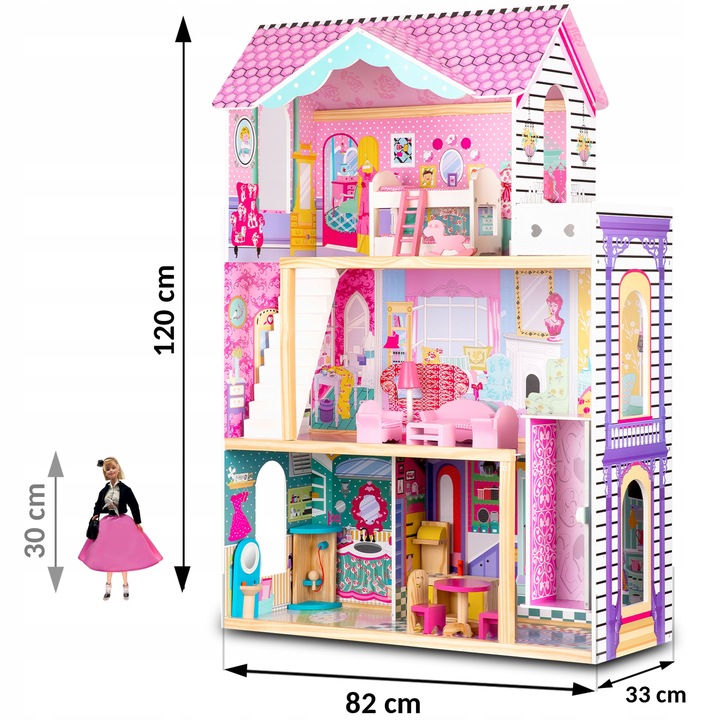XXL DUŻY DREWNIANY RÓŻOWY DOMEK DLA LALEK MEBLE WINDA AKCESORIA LED