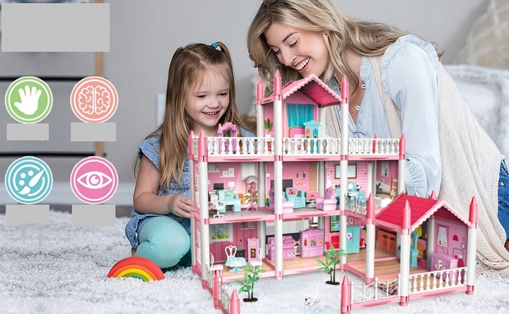 DUŻY ZESTAW MEBLI DO DOMKU DLA LALEK 3 PIĘTRA 9 POKOI z oświetleniem LED