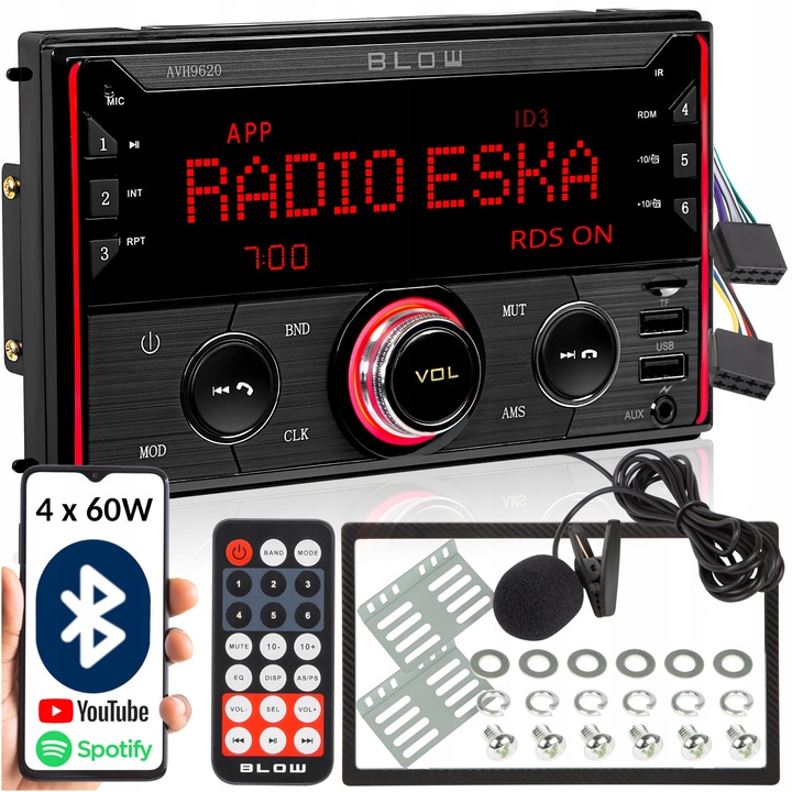 RADIO SAMOCHODOWE 2-DIN BLUETOOTH USB SD RDS LCD RGB MIKROFON PILOT ZESTAW