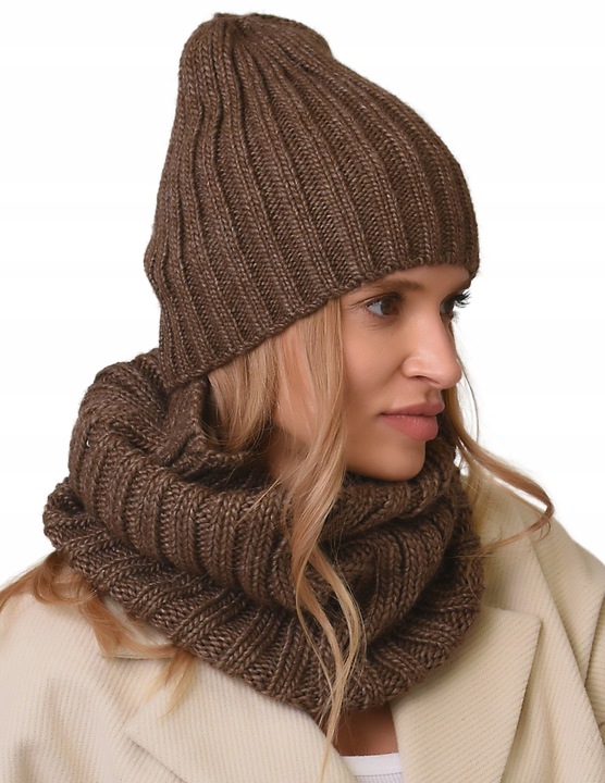 damski Komplet brązowyi zimowy CZAPKA Z KOMINEM ciepły ZESTAW polski Be4