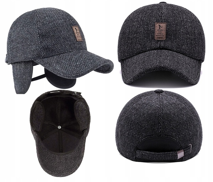 CZAPKA Z DASZKIEM MĘSKA CIEPŁA ZIMOWA NA ZIMĘ CHOWANE NAUSZNIKI CZARNA