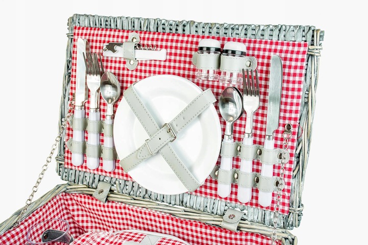 Duży kosz piknikowy z zestawem sztućców talerzy dla 4 osób biała wiklina