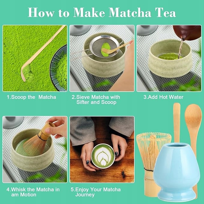 Matcha Box 4-częściowy zestaw do matchy Miotełka 2x Łyżeczka Podstawka