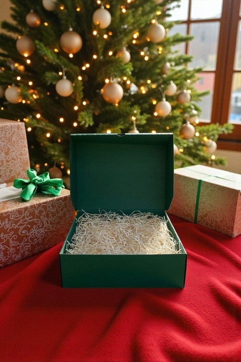 Pudełko prezentowe na prezent Święta zielone napis drewniany wypełnienie