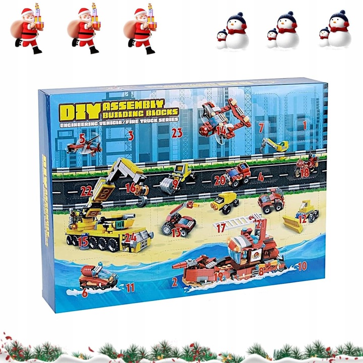 KALENDARZ ADWENTOWY DLA DZIECI KLOCKI STRAŻ POŻARNA POJAZDY PREZENT MIKOŁAJ