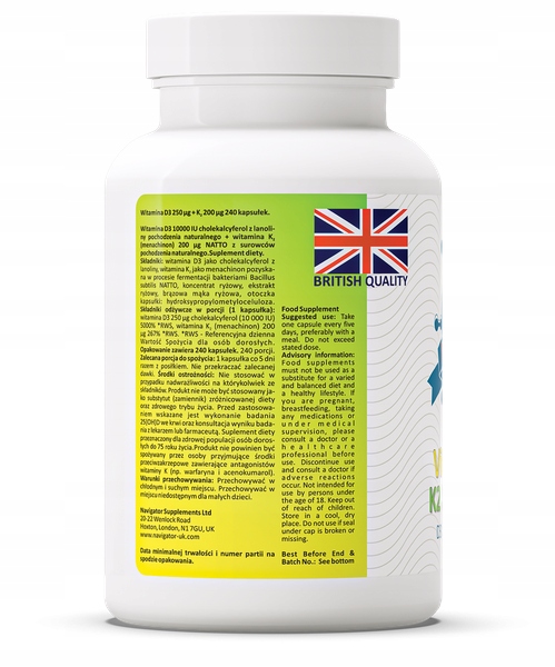 NAVIGATOR Witamina D3 10 000 IU +Witamina K2 MK-7 200micg 240kaps