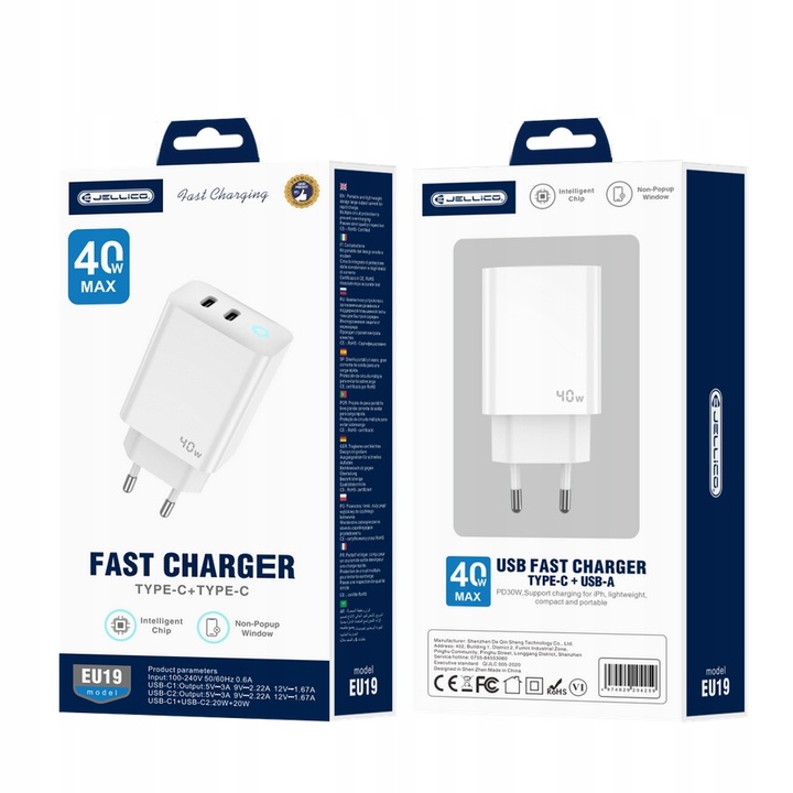 JELLICO ładowarka sieciowa EU19 GaN PD 40W 2xUSB-C Biały + Kabel 2x USB - C