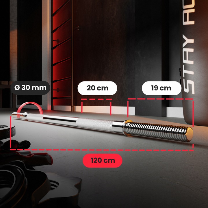 Gryf prosty 120cm 30mm gwintowany stalowy chromowany pełny sztanga +zaciski