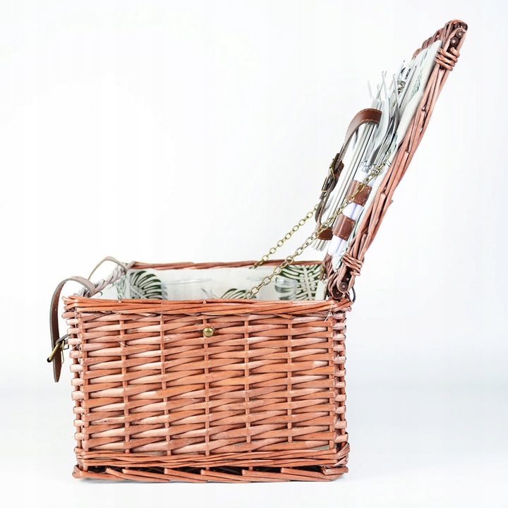 WIKLINOWY KOSZ PIKNIKOWY ZESTAW DLA 4 OSÓB ZASTAWA Z TALERZAMI KIELISZKAMI