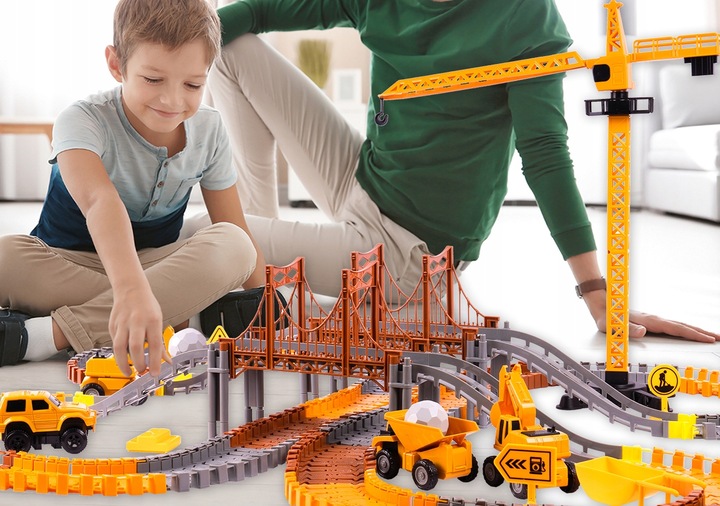 KOLEJKA TOR SAMOCHODOWY ELASTYCZNY 273 ELEMENTY AUTA DŹWIG DLA DZIECI