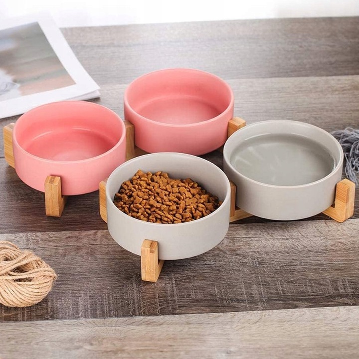 MISKA CERAMICZNA PODWÓJNA DLA PSA I KOTA 2 MISKI DREWNIANA PODSTAWA 2x400ml