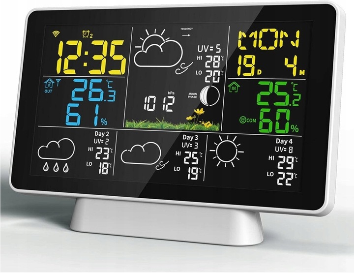 STACJA POGODY WiFi 3 CZUJNIKI UV hPa TEMP WILGOTNOŚĆ FAZY KSIĘŻYCA BUDZIK