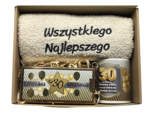 PREZENT NA URODZINY 18-70 Zestaw Kosz Prezentowy Ręcznik Kubek Czekolada