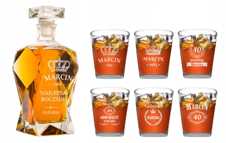 KARAFKA DO WHISKY Z GRAWEREM 6 SZKLANEK URODZINY ŚLUB KAWALERSKI ŚWIADEK
