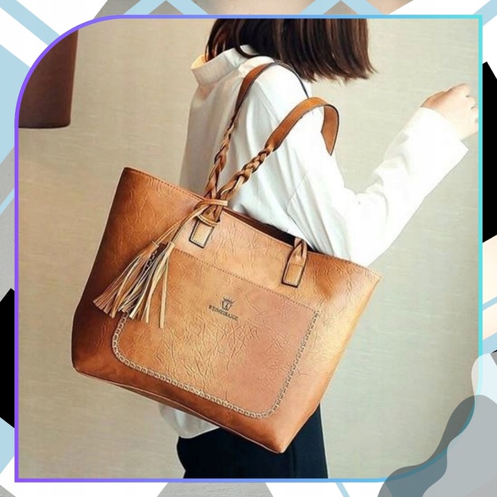 Damska Torebka A4 SHOPPER duża pojemna klasyczna skórzana brązowa eko skóra