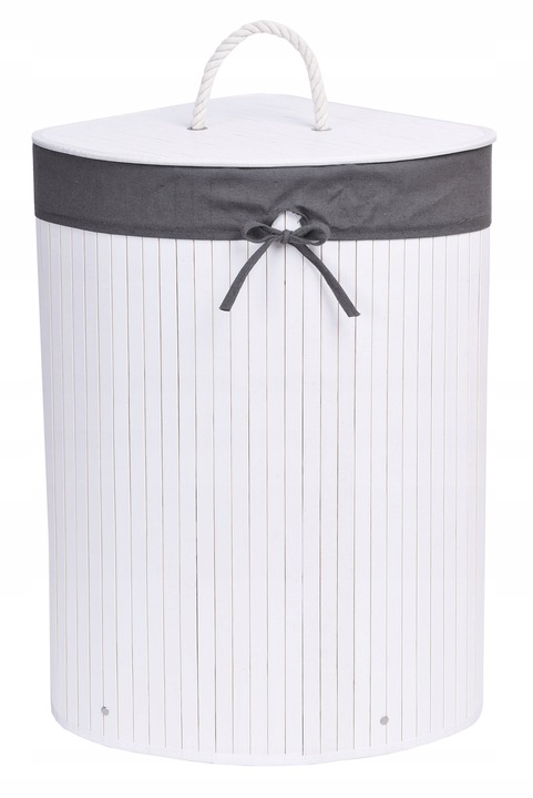 KOSZ POJEMNIK NA PRANIE BIELIZNĘ NAROŻNY BIAŁY BAMBUSOWY Z POKRYWĄ 60L