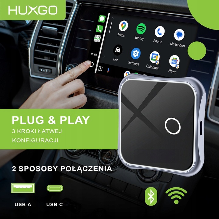HUXGO bezprzewodowy adapter 2w1 do Apple CarPlay i Android Auto BY963A