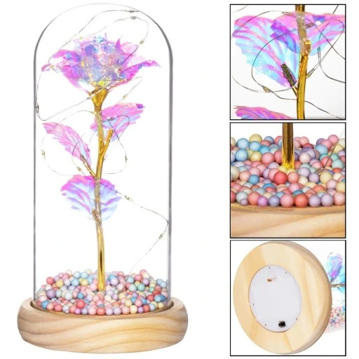 WIECZNA RÓŻA W SZKLE ŚWIECĄCA LED PREZENT PUDEŁKO NA WALENTYNKI DZIEŃ BABCI