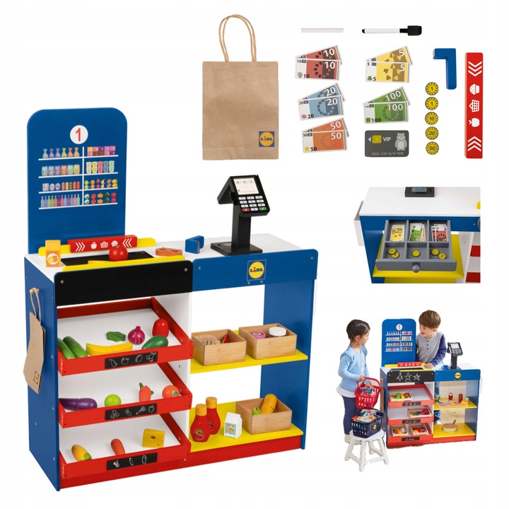 DREWNIANY SKLEP LIDL Z KASĄ I AKCESORIAMI DLA DZIECI PLAYTIVE