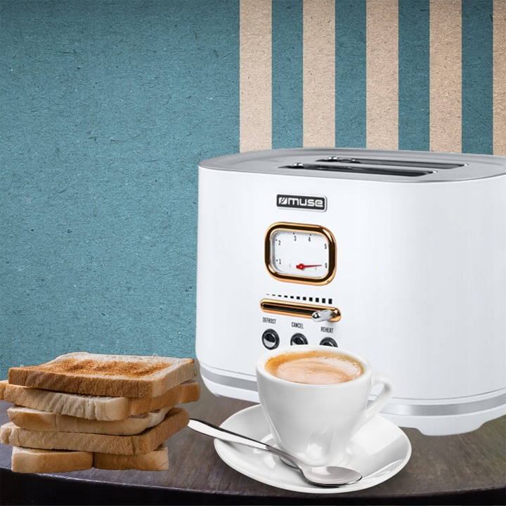 TOSTER OPIEKACZ RETRO 1000W NA 2 TOSTY BIAŁY/ZŁOTE ELEMENTY MUSE MS-130W