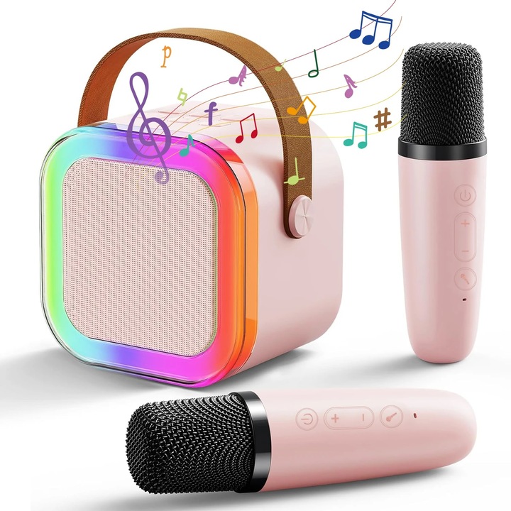 GŁOŚNIK PRZENOŚNY ZESTAW DO KARAOKE RGB BLUETOOTH 2 MIKROFONY USB JACK PINK