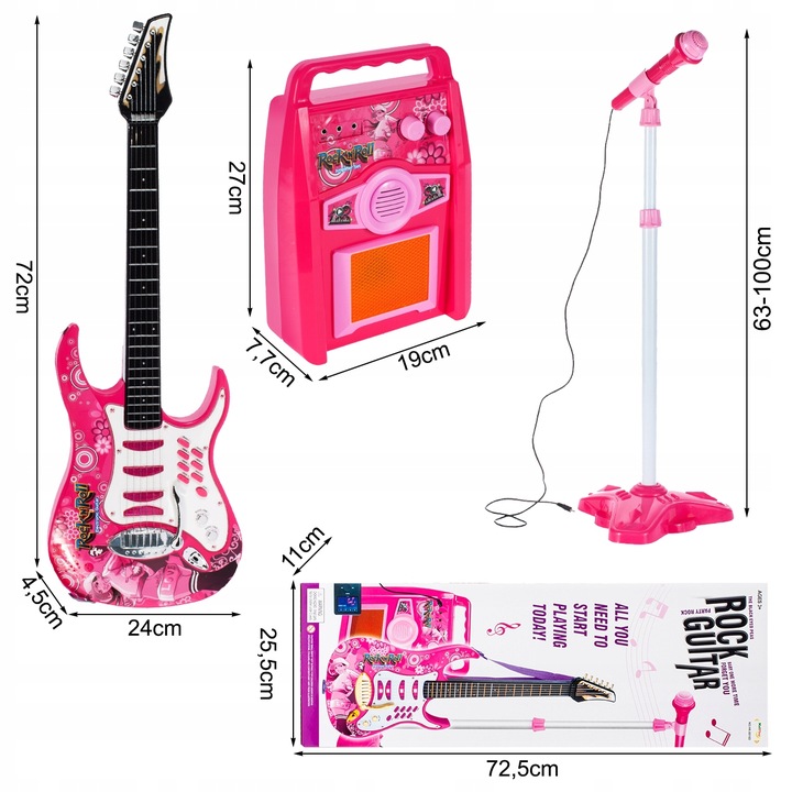 GITARA ELEKTRYCZNA DUŻA DLA DZIECI Z MIKROFONEM WZMACNIACZ STATYW RÓŻOWA