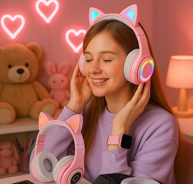 RÓŻOWY SMARTWATCH W KOMPLECIE 3w1 Z MIKROFONEM DO KARAOKE + SŁUCHAWKAMI