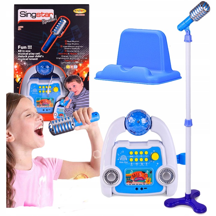 ZESTAW DO KARAOKE MIKROFON DLA DZIECI WZMACNIACZ STATYW EFEKTY NAGRYWANIE