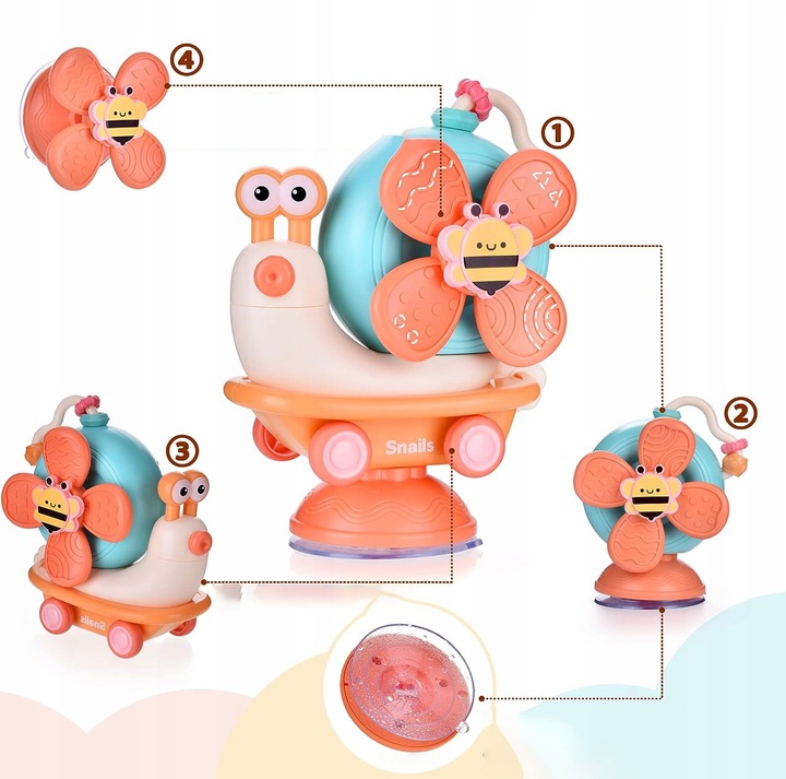 ŚLIMAK SENSORYCZNY JEŻDŻĄCY 4W1 SPINNER Z PRZYSSAWKĄ DLA DZIECI DO KĄPIELI