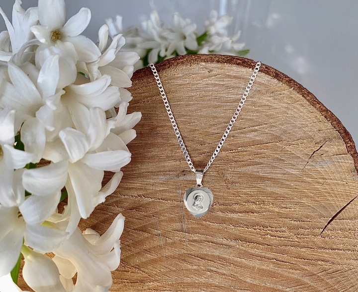 Srebrny łańcuszek komunijny 40 cm 925 i medalik Matka Boska dla chłopca