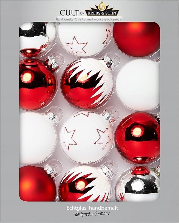 12 SZKLANYCH BOMBEK, BOMBKI CHOINKOWE CZERWONE BIAŁE SREBRNE MIX 8CM