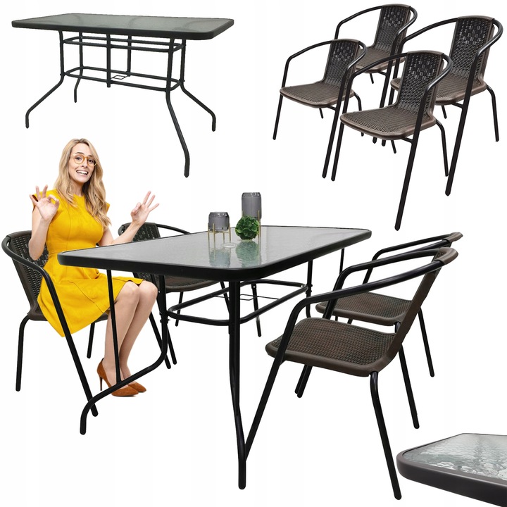 ZESTAW MEBLI OGRODOWYCH NA BALKON STÓŁ 120x70 +4x KRZESŁA LORETTO BRĄZ MIX