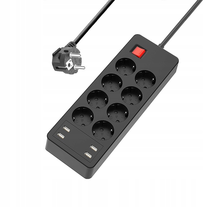 Listwa zasilająca przepięciowa 8 gniazdek przedłużacz 4 x USB ładowarka