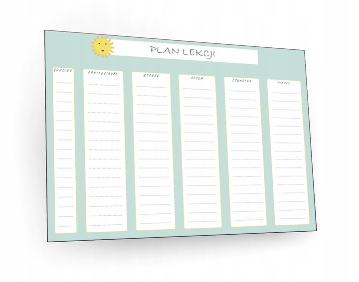 Plan lekcji suchościeralny plan zajęć dla dzieci samoprzylepny A4 SŁOŃCE
