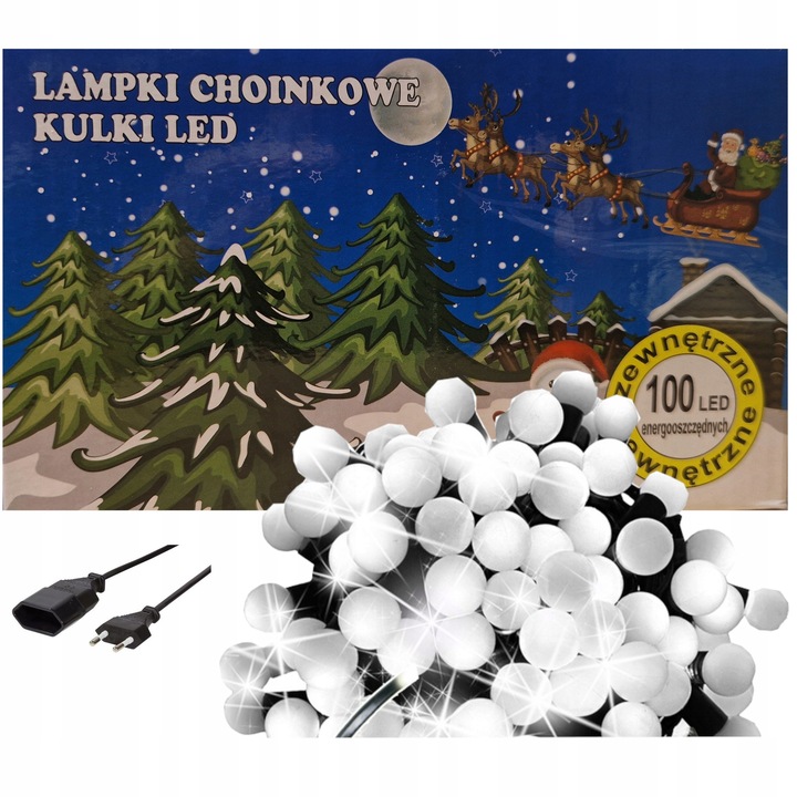 LAMPKI choinkowe KULKI FLASH BIAŁE ZIMNE kuleczki 100 LED 9m WODOODPORNE