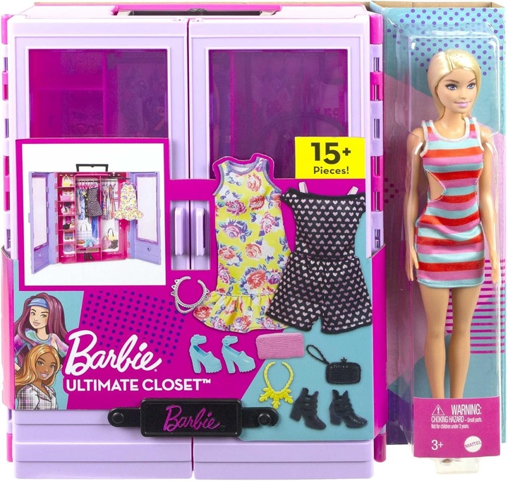 BARBIE GARDEROBA PRZENOŚNA SZAFA NA UBRANIA + LALKA + UBRANKA I AKCESORIA