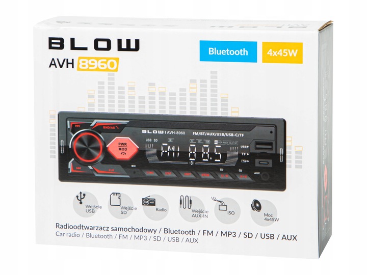 RADIO SAMOCHODOWE BLUETOOTH 1-DIN RDS USB-C AUX RCA SD MP3 LCD MIKROFON